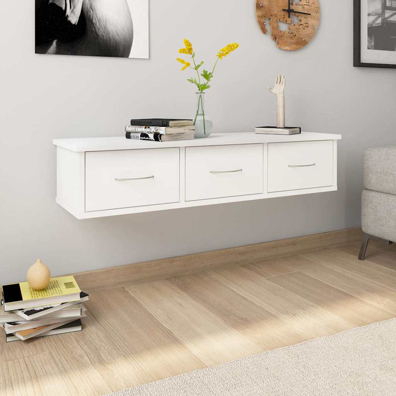 Raft de perete cu sertare, alb, 88x26x18,5 cm, lemn prelucrat