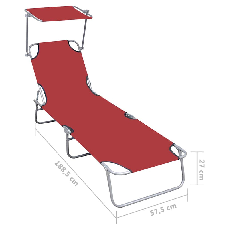 Șezlong pliabil cu copertină, roșu, aluminiu
