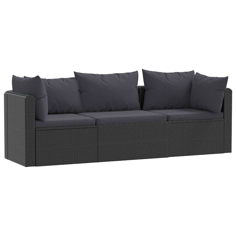 Set mobilier de grădină cu perne, 3 piese, negru, poliratan