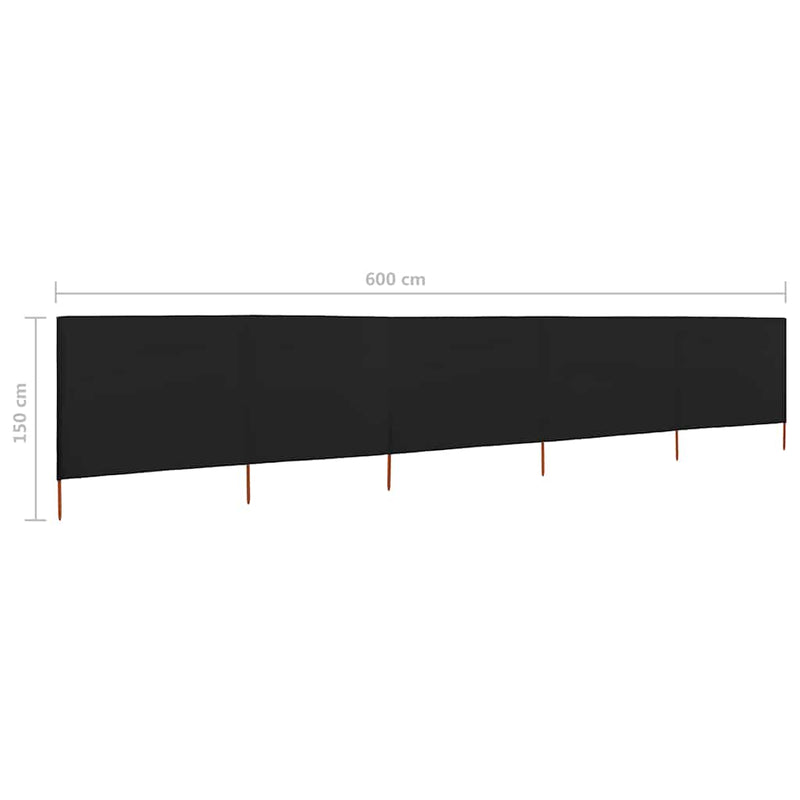 Paravan anti-vânt cu 5 panouri, negru, 600 x 120 cm, textil
