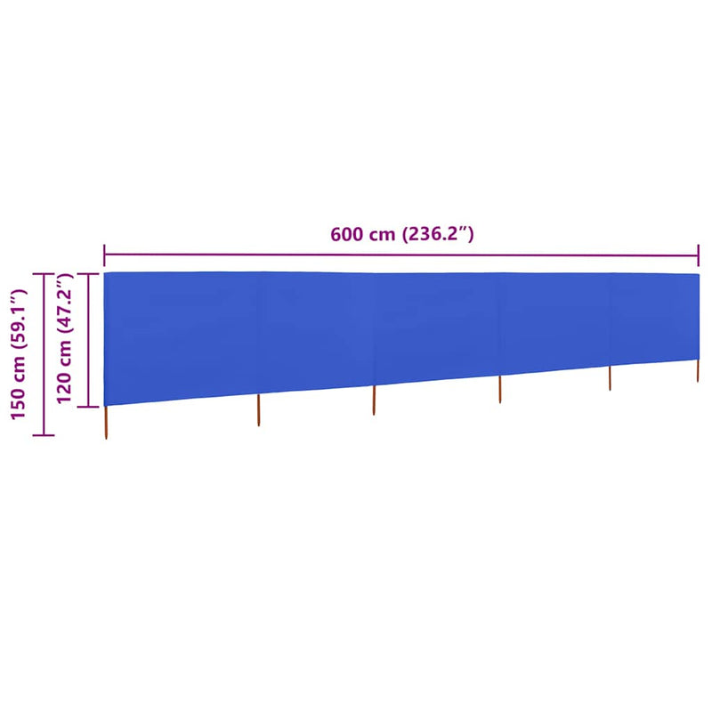 Paravan anti-vânt cu 5 panouri, azur, 600 x 120 cm, textil
