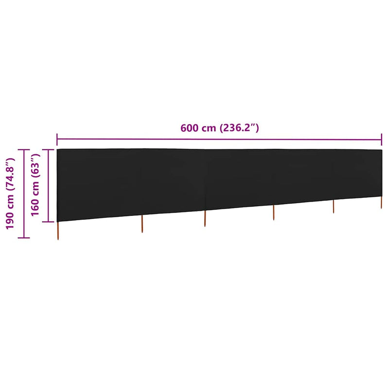 Paravan anti-vânt cu 5 panouri, negru, 600 x 160 cm, textil