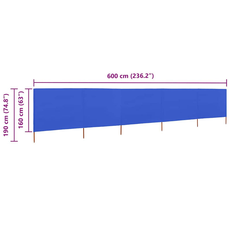 Paravan anti-vânt cu 5 panouri, azur, 600 x 160 cm, textil