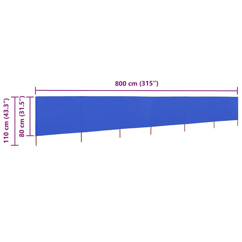 Paravan anti-vânt cu 6 panouri, azur, 800 x 80 cm, textil