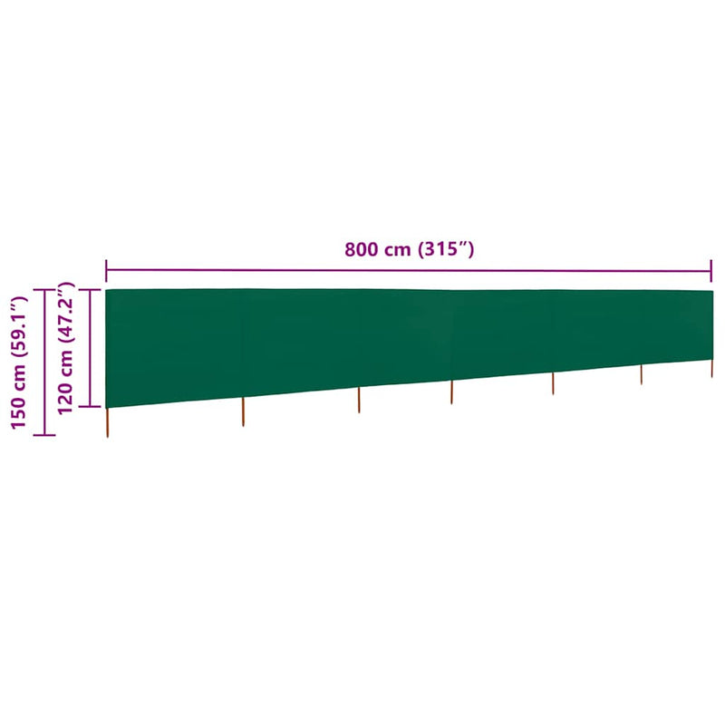 Paravan anti-vânt cu 6 panouri, verde, 800 x 120 cm, textil
