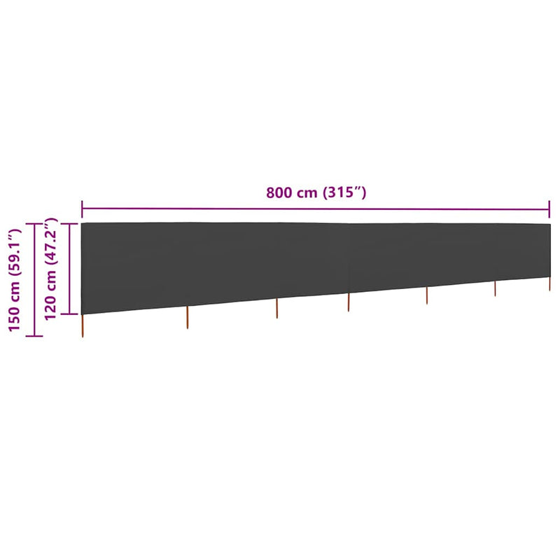Paravan anti-vânt cu 6 panouri, antracit, 800x120 cm, textil