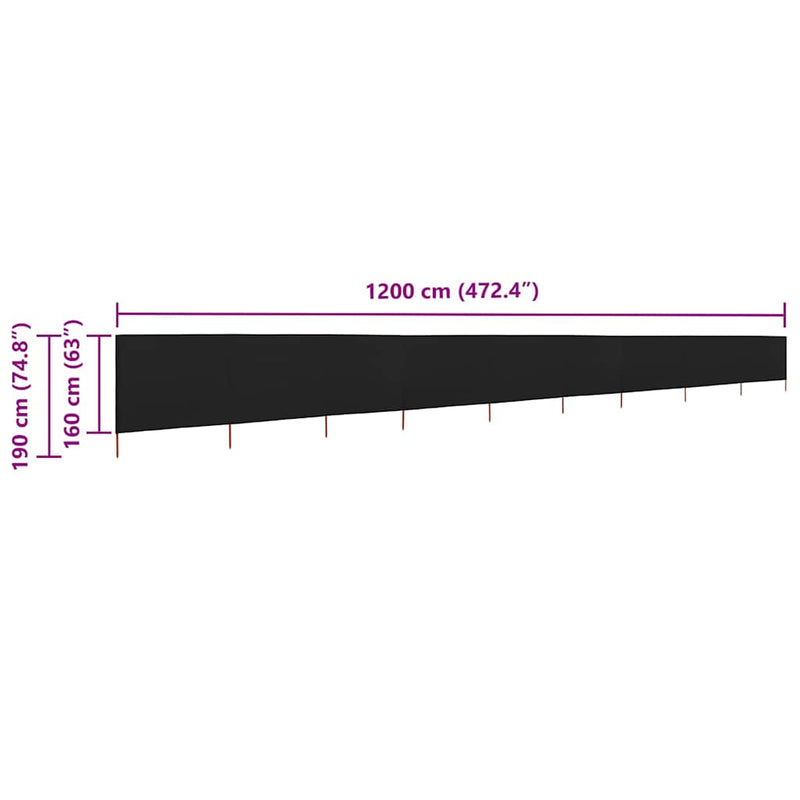 Paravan anti-vânt cu 9 panouri, negru, 1200 x 160 cm, textil