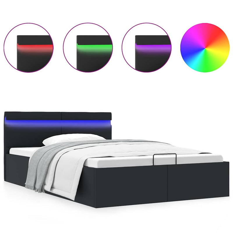 Cadru pat hidraulic ladă, LED, negru 140x200 cm piele ecologică