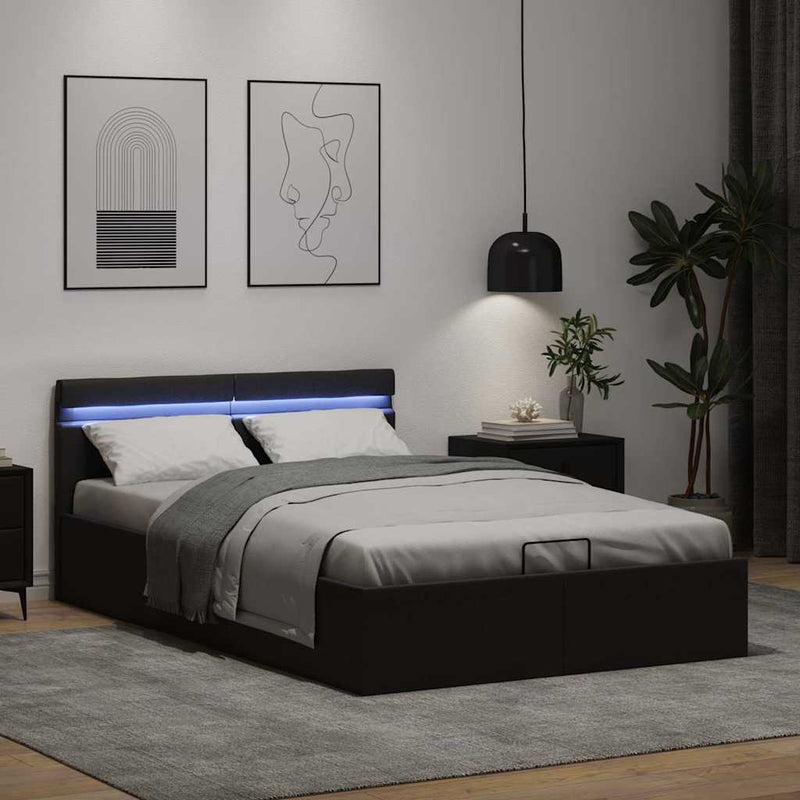 Cadru pat hidraulic ladă, LED, negru 140x200 cm piele ecologică