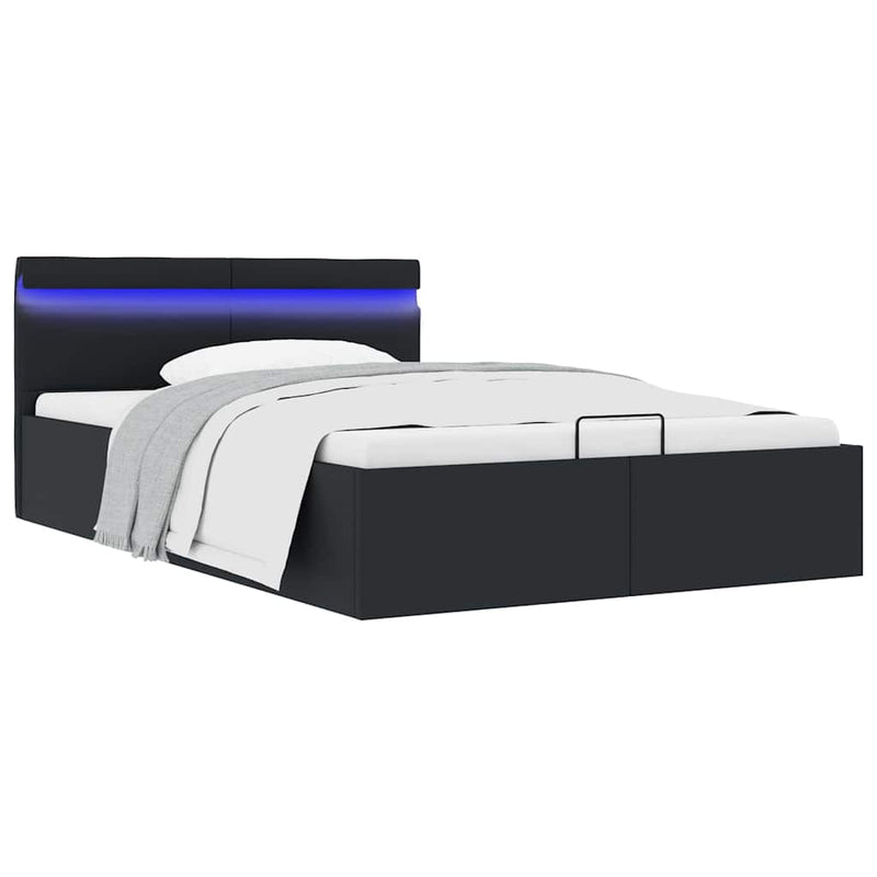 Cadru pat hidraulic ladă, LED, negru 140x200 cm piele ecologică