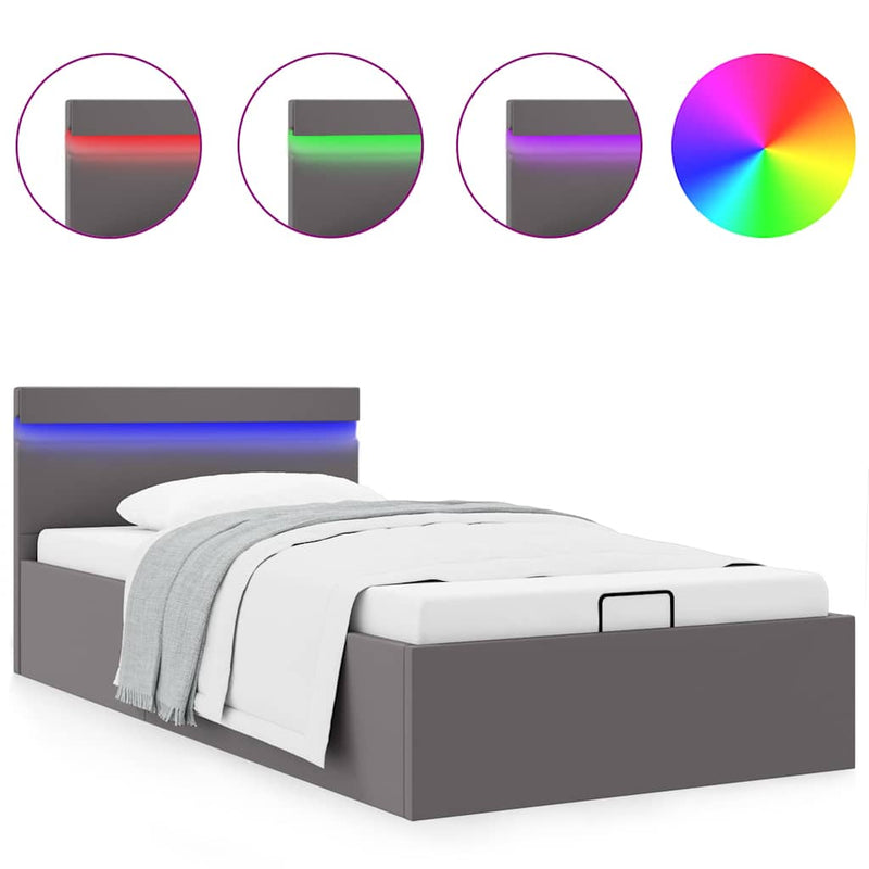 Cadru pat hidraulic cu ladă LED gri 90x200 cm piele ecologică