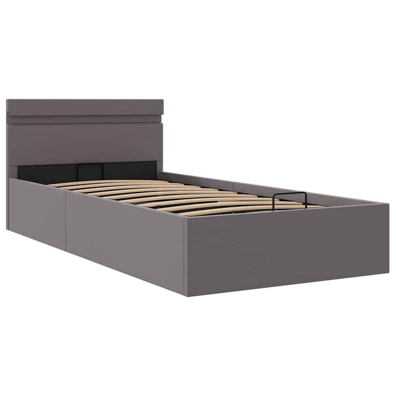 Cadru pat hidraulic cu ladă LED gri 90x200 cm piele ecologică