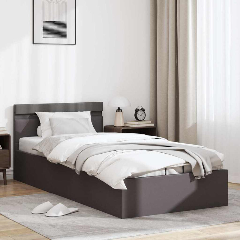 Cadru pat hidraulic cu ladă LED gri 90x200 cm piele ecologică