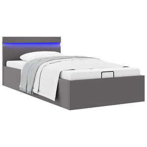 Cadru pat hidraulic cu ladă LED gri 90x200 cm piele ecologică