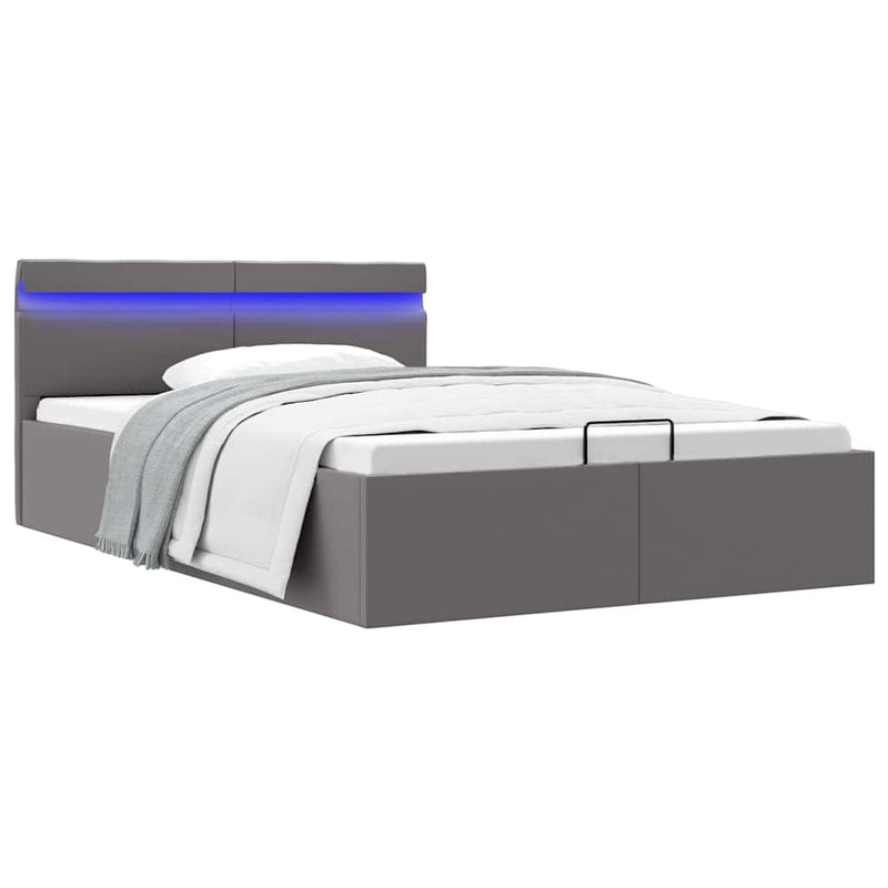Cadru pat hidraulic ladă și LED gri 140x200 cm piele ecologică