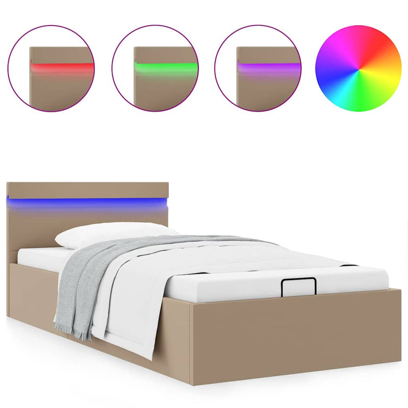 Cadru pat hidraulic LED cappuccino 100x200 cm piele ecologică