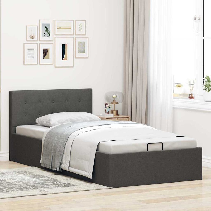 Cadru pat hidraulic cu ladă, gri închis, 90x200 cm, textil