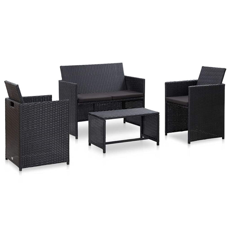 Set mobilier de grădină cu perne, 4 piese, negru, poliratan