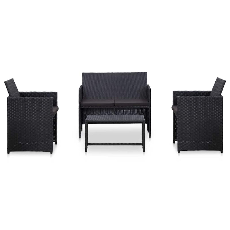 Set mobilier de grădină cu perne, 4 piese, negru, poliratan