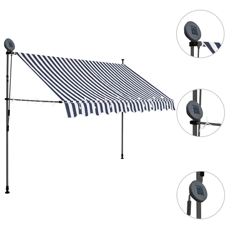 Copertină retractabilă manual cu LED, albastru & alb, 300 cm