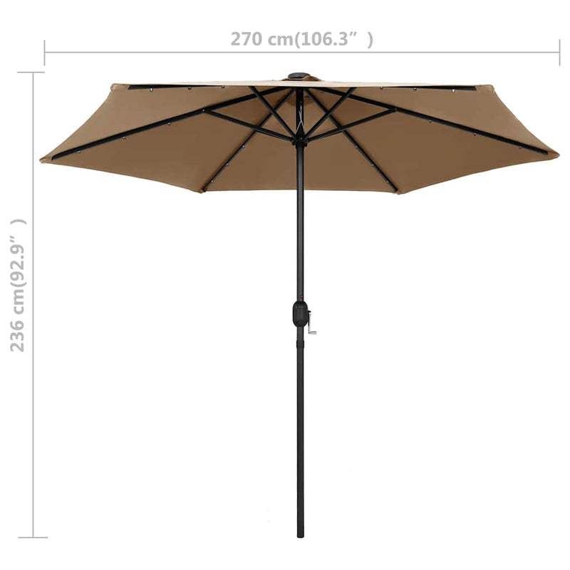 Umbrelă de soare cu LED-uri, stâlp din aluminiu, taupe, 270 cm