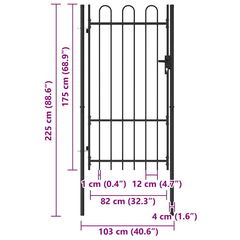 Poartă de gard BOXTEL cu ușă simplă și partea superioară arcuită din oțel, 1x1,75 m, negru