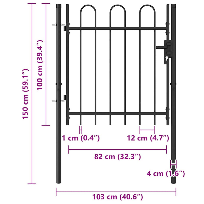 Poartă de gard BOXTEL cu ușă simplă și partea superioară arcuită din oțel, 1x1 m, negru
