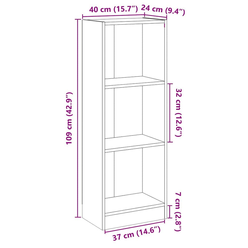 Bibliotecă cu 3 rafturi, alb, 40x24x109 cm, lemn compozit