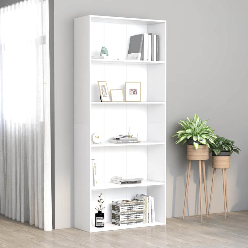 Bibliotecă cu 5 rafturi, alb, 80x30x189 cm, lemn prelucrat