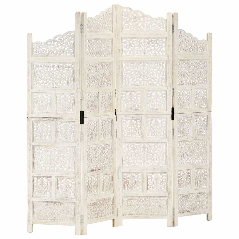 Paravan cameră sculptat manual, 4 panouri, alb 160x165 cm mango