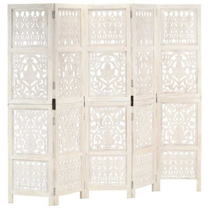 Paravan cameră sculptat manual 5 panouri alb 200x165 cm mango