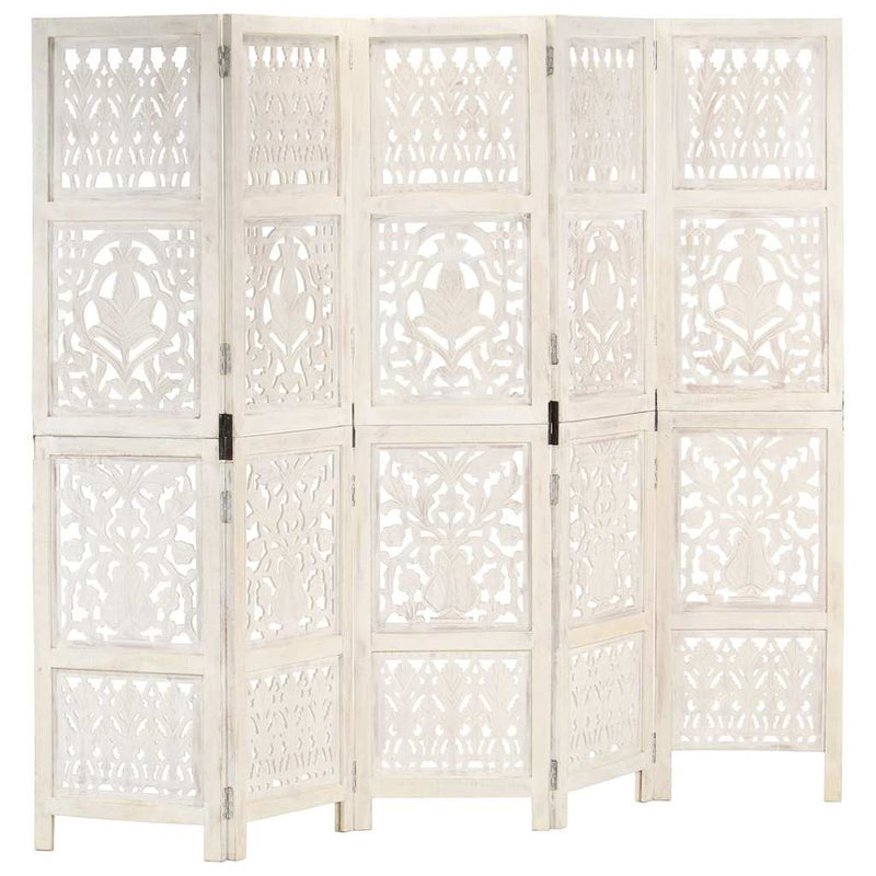 Paravan cameră sculptat manual 5 panouri alb 200x165 cm mango