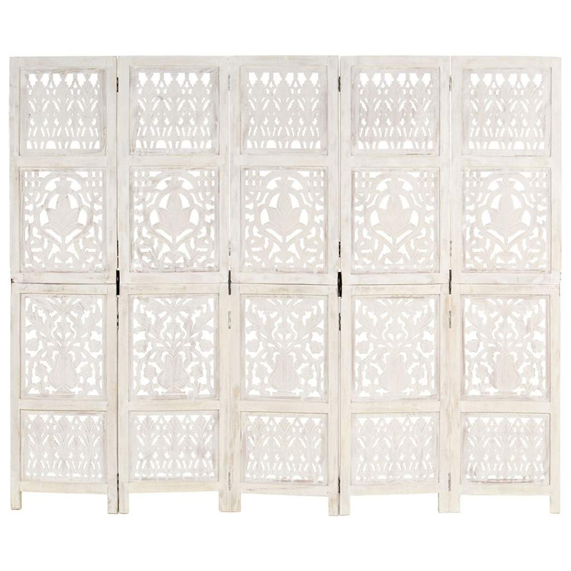 Paravan cameră sculptat manual 5 panouri alb 200x165 cm mango