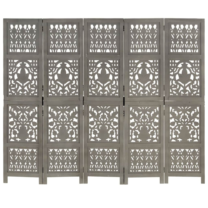 Paravan cameră sculptat manual 5 panouri gri 200x165 cm mango