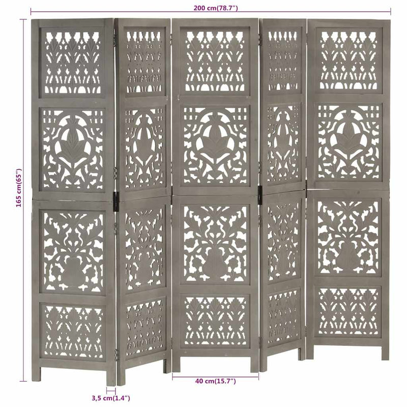 Paravan cameră sculptat manual 5 panouri gri 200x165 cm mango