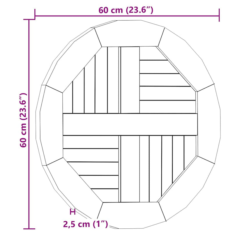 Blat de masă, 60 cm, lemn masiv de tec, rotund, 2,5 cm