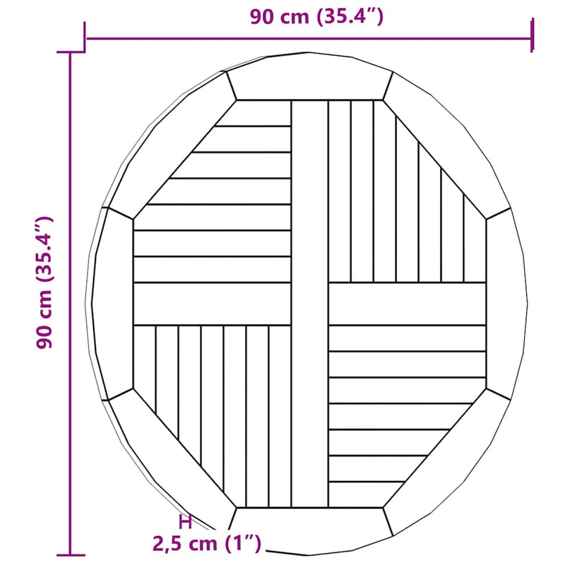 Blat de masă rotund, 90 cm, lemn masiv de tec, 2,5 cm