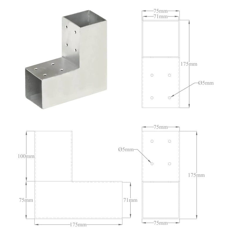 Conectori de grindă, formă L, 4 buc, 71x71 mm, metal galvanizat