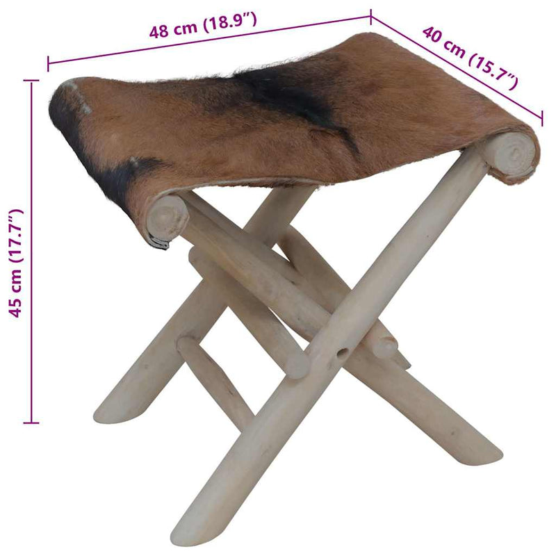 Taburet pliant, piele de capră și lemn masiv de tec