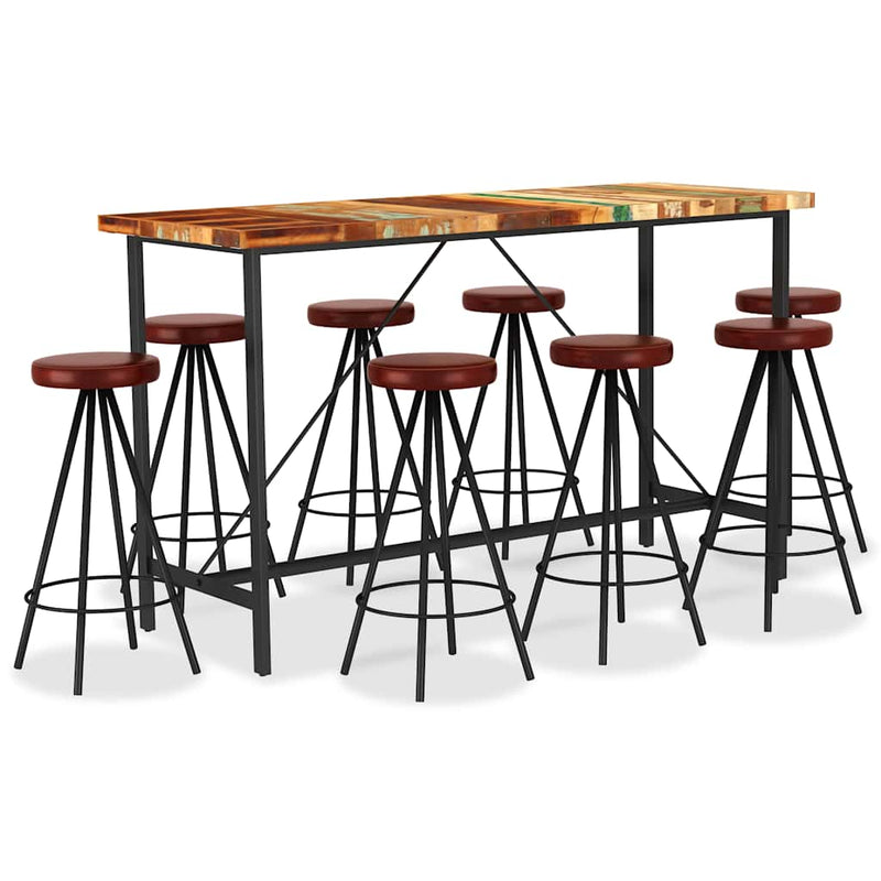 Set de bar 9 piese lemn masiv reciclat și piele naturală