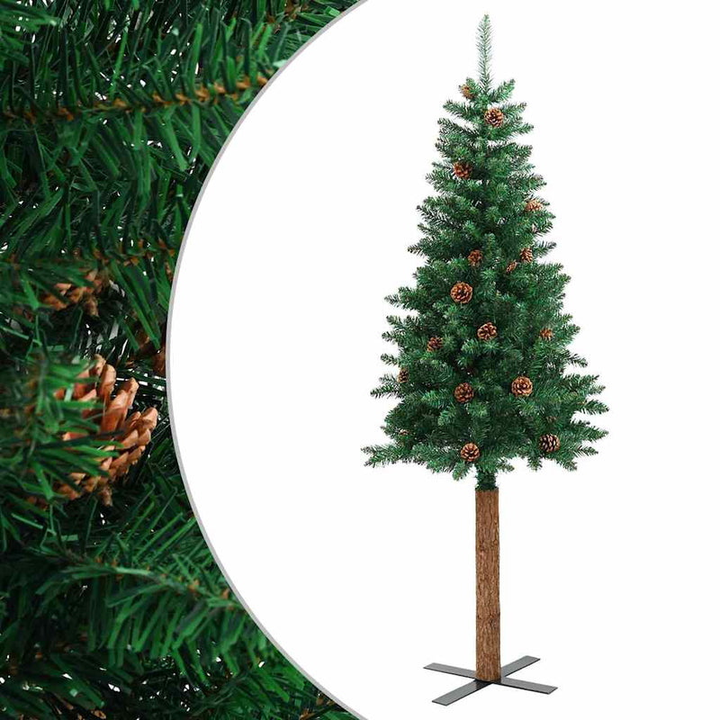 Pom Crăciun artificial subțire lemn și conuri verde 150 cm PVC