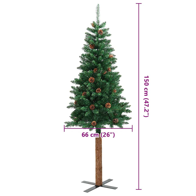Pom Crăciun artificial subțire lemn și conuri verde 150 cm PVC