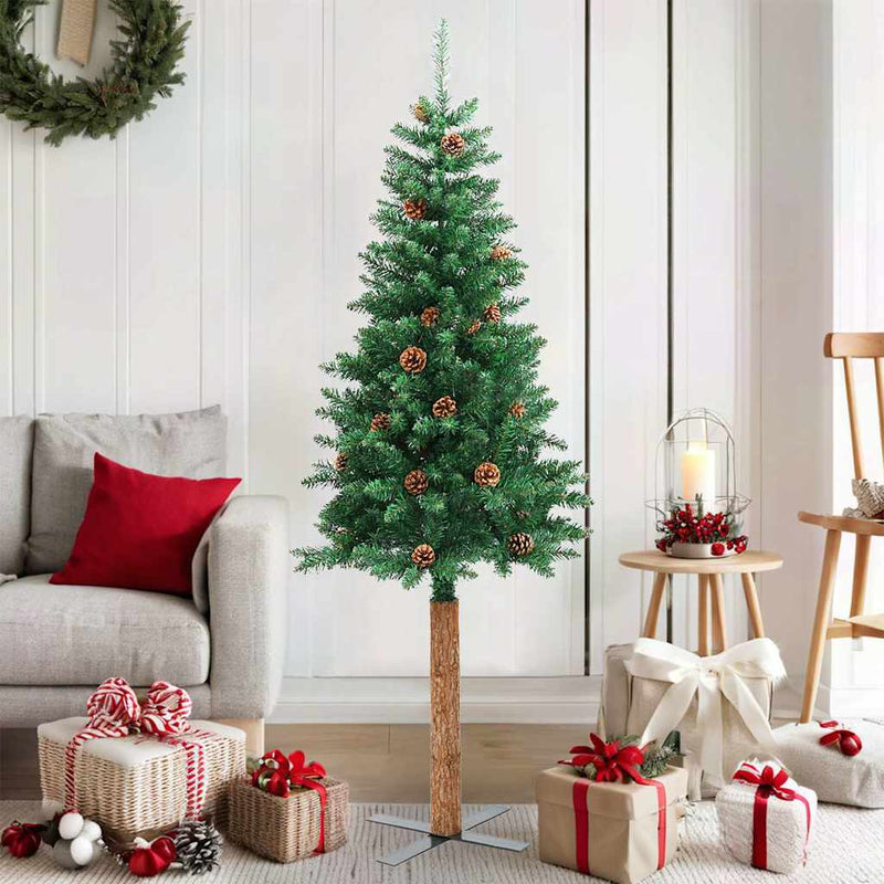 Pom Crăciun artificial subțire lemn și conuri verde 150 cm PVC