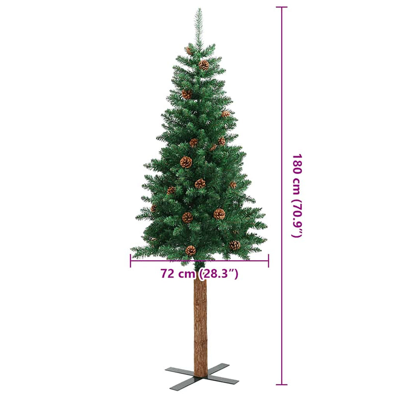 Pom Crăciun artificial subțire lemn și conuri verde 180 cm PVC