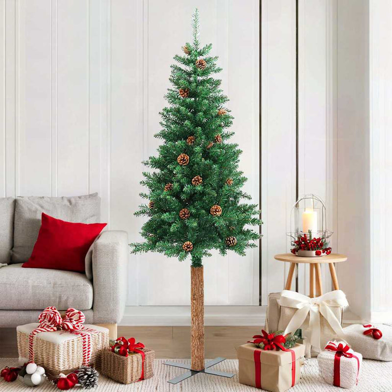 Pom Crăciun artificial subțire lemn și conuri verde 180 cm PVC