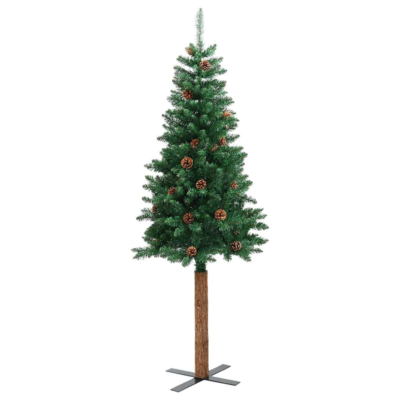 Pom Crăciun artificial subțire lemn și conuri verde 210 cm PVC