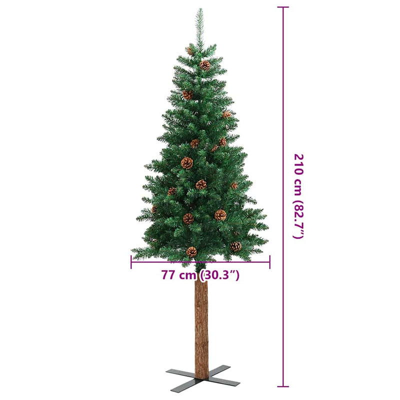 Pom Crăciun artificial subțire lemn și conuri verde 210 cm PVC