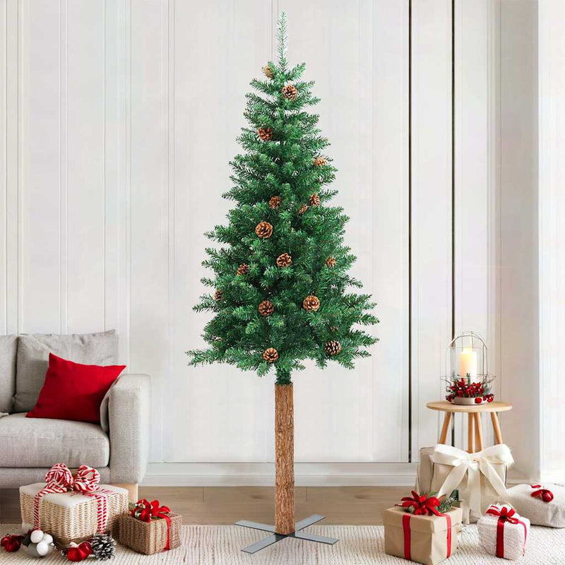 Pom Crăciun artificial subțire lemn și conuri verde 210 cm PVC