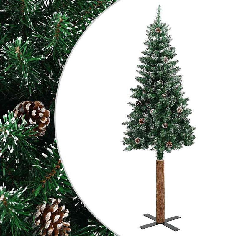 Pom Crăciun artificial subțire, lemn și zăpadă, verde, 180 cm