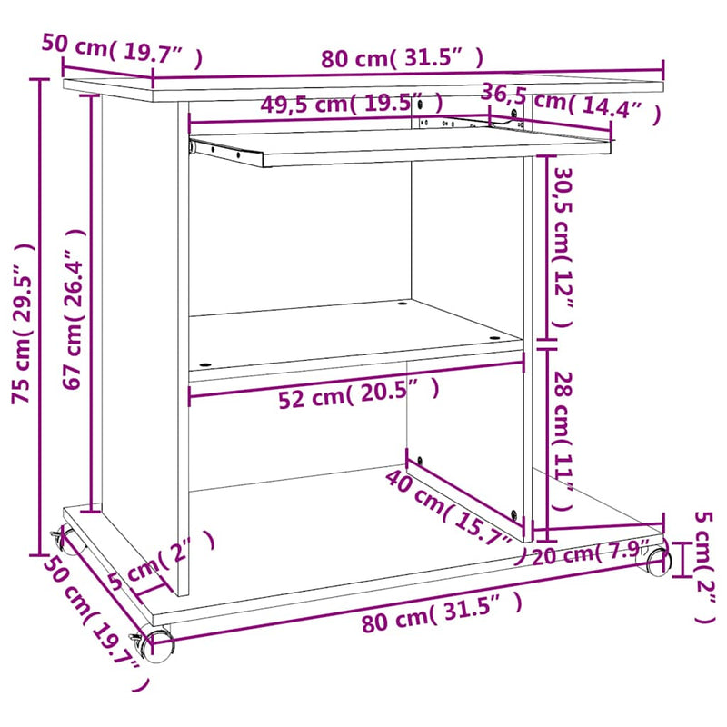 Birou de calculator, gri, 80 x 50 x 75 cm, PAL